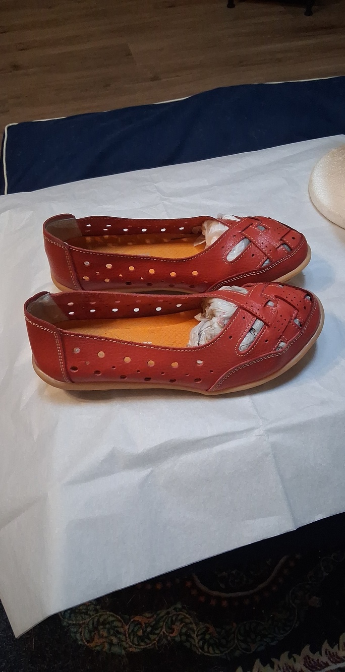 Women's Red Perforated Slip-On Flats - Casual Comfort